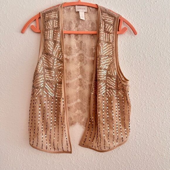 Chicos Tan Sequin and Lace Embellished Lace Vest Cottagecore Women's Size 1/Med - Picture 1 of 5